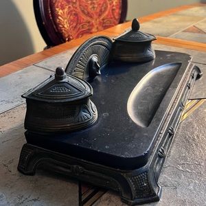 Vintage inkwell inkstand ink inkpot stand holder bronze marble